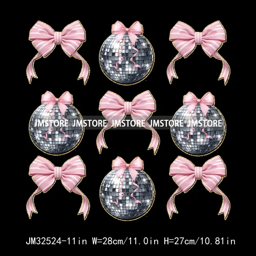 Pink Cheer New Year Eve 2025 Disco Ball Coquette Bow Christmas Party Iron On DTF Transfer ticker Ready To Press For Sweatshirt