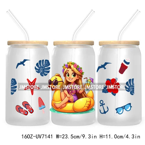 Cartoon Princess's Summer Vacation 16OZ UV DTF Cup Wrap Transfers Stickers For Libbey Glass Can Cups Tumbler Waterproof Craft