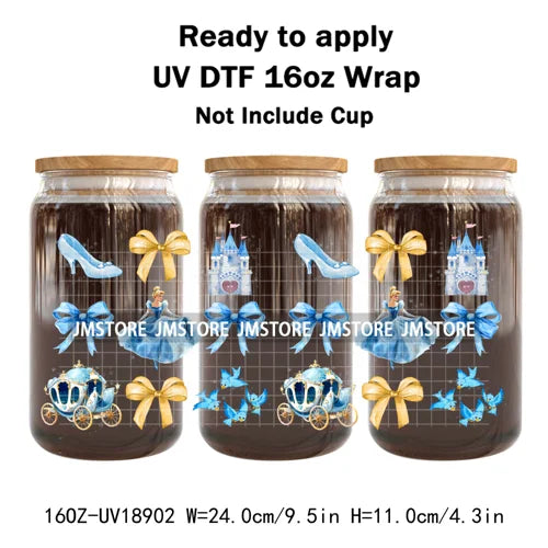 Coquette Bow Cartoon Princess Mirror UV DTF Cup Wrap Ready To Apply Transfer Stickers Waterproof Logo For 16OZ Libbey Glass Can
