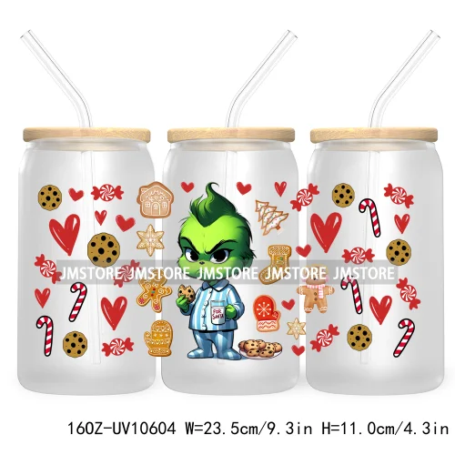 Cute Baby Green Character Christmas Season 16OZ UV Cup Wrap DTF Transfer Stickers For Libbey Glass Can Cups Tumbler Coquette Bow