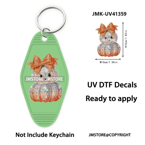 Faux Glitter Halloween Ghost Pumpkin Season UV DTF Motel Keychain Decal Ready To Ship Transfer Stickers Print For Hotel Keychain