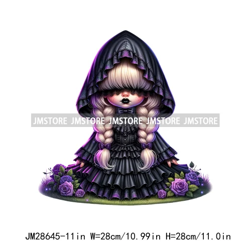 Gothic Girl Gnomes Halloween Witch Dolls Black Flowers Horror Vibes Iron On DTF Transfers Stickers Ready To Press For Clothing