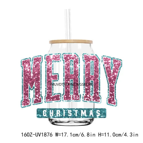 Merry Christmas Sequin 16OZ UV DTF Cup Wrap Transfers Stickers Custom Labels DIY Durable Waterproof Logo For Libbey Glass Can