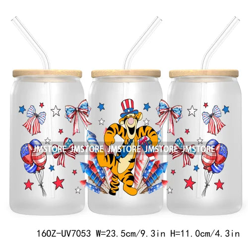 Happy 4TH Of July Cartoon Bear Friends 16OZ UV DTF Cup Wrap Transfer Stickers For Libbey Glass Can Cups Tumbler Waterproof Craft