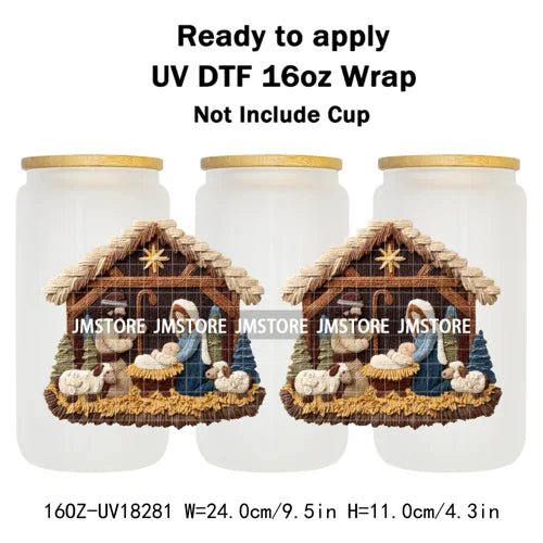 Faux Yarn Crochet Jesus Christmas Religious UV DTF Stickers Ready To Apply Cup Wrap Custom Labels DIY Craft For Libbey Glass Can