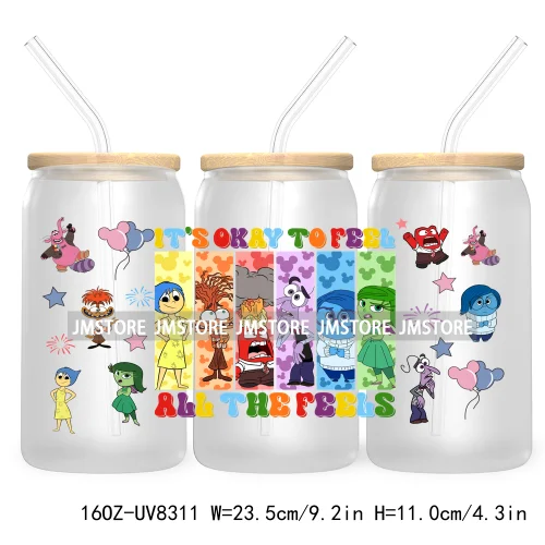 It's Okay To Feel All The Feels UV DTF Cup Wrap For 16OZ Glass Cup Can Transfer Stickers Custom Label Logo Inside Out Characters