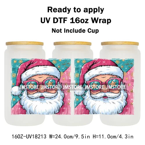 Preppy Brushstroke Christmas Santa Claus 16OZ UV DTF Cup Wraps Ready To Apply Waterproof Transfer Stickers For Libbey Glass Can