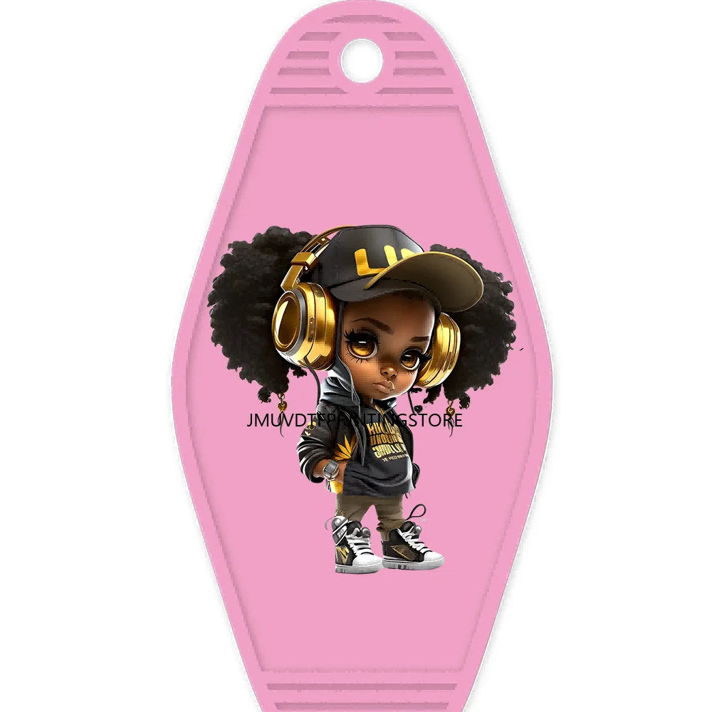 Cool Dreadlock Afro Girl High Quality WaterProof UV DTF Sticker For Motel Hotel Keychain Black Hip Hop Kids