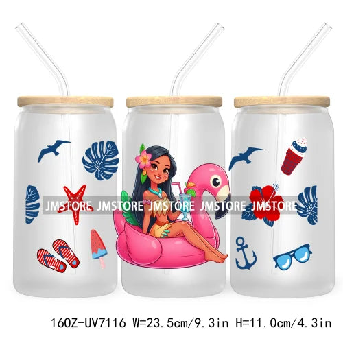 Cartoon Princess's Summer Vacation 16OZ UV DTF Cup Wrap Transfers Stickers For Libbey Glass Can Cups Tumbler Waterproof Craft