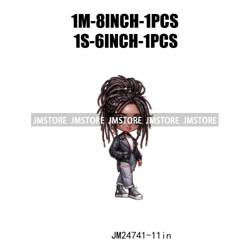 Dreadlocks Coffee Chibi Black Girls Pink Fashion African American Denim Girl Iron On DTF Heat Press Transfer Stickers For Shirts