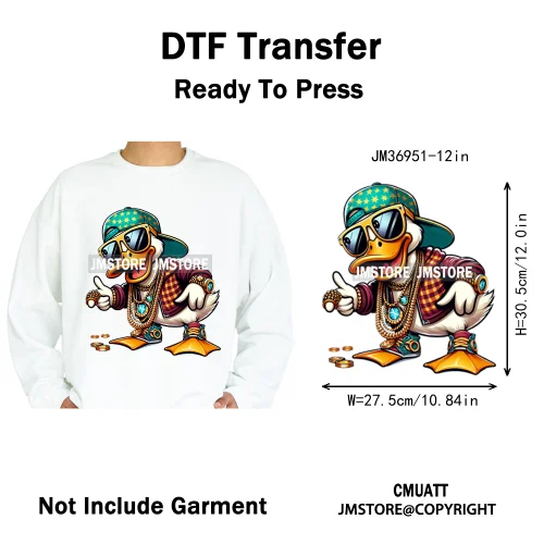 12in Cool Urban Trap Style King Animal Rich Ducks With Gold Chain Iron on DTF Heat Transfer Sticker Ready to Press for Clothing