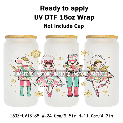 Faux Glitter Preppy Nutcracker Christmas UV DTF Cup Wrap Ready To Apply Transfer Sticker 16OZ Tumbler Wraps For Libbey Glass Can