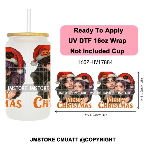 Merry Christmas Kpop Movie Character Anime Girl UV DTF Stickers Ready To Apply Cup Wrap High Quality For 16OZ Libbey Can Glass