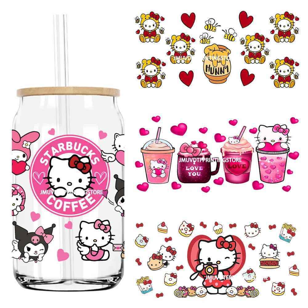 Cartoon Hello Girl Cat Valentine's Day UV DTF Sticker For 16OZ Libbey Glass Cup Can Wrap Transfer Sticker Custom Labels DIY Logo