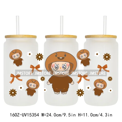 Coquette Bow Cartoon Monsters In Outfit UV DTF Cup Wraps Ready To Apply Waterproof Transfer Stickers For 16OZ Libbey Glass Can