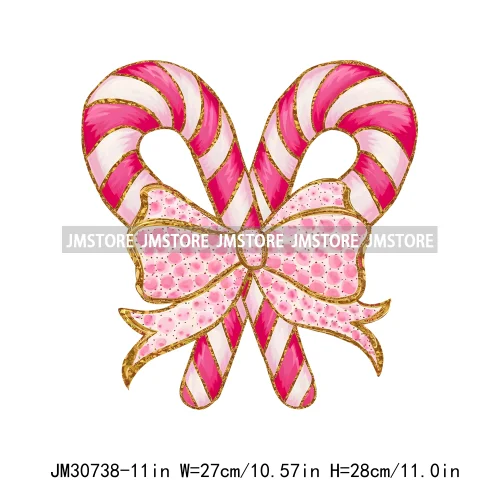 Merry Christmas Vibes Coquette Bow Faux Glitter Pink Candy Cane Decals Iron On DTF Transfer Stickers Ready To Press For Clothing