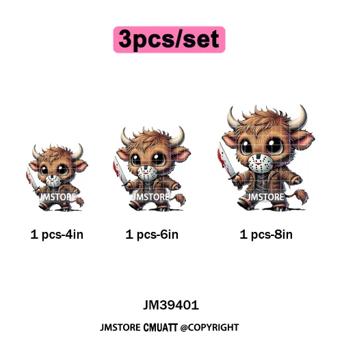 Horror Spooky Cartoon Baby Highland Cow Halloween Vibes Animal Iron on DTF Washable Transfers Sticker Ready to Press for Hoodies