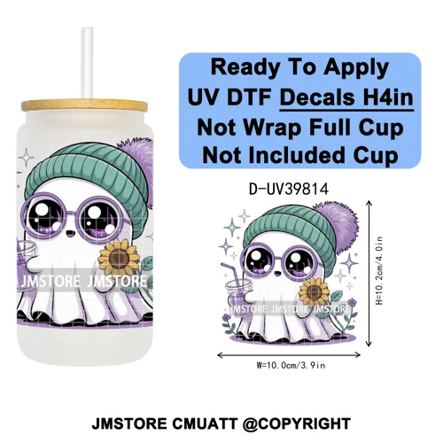 Cute Halloween Witch Ghost Sweet Boo UV DTF Decals Ready To Apply Waterproof Transfer Stickers Prints For 16OZ Libbey Glass Can