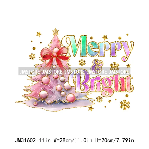 Merry And Bright Christmas Faux Gold Giltter Coquette Tree Gifts Girly Iron On DTF Transfer Stickers Ready To Press For Clothing