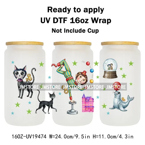 Horror Movie Witchy Girl Black Cat UV DTF Wraps Transfer Sticker Selfadhesive Waterproof High Quality For 16OZ Libbey Glass Can