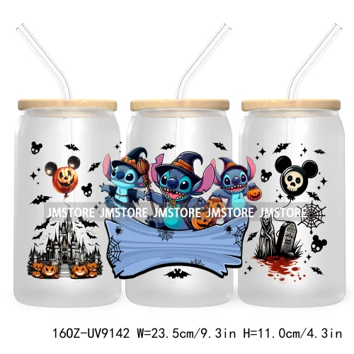 Mouse And Friends Halloween 16OZ UV DTF Cup Wrap Transfer Stickers Custom Labels Waterproof For Libbey Glass Can Magical Kingdom