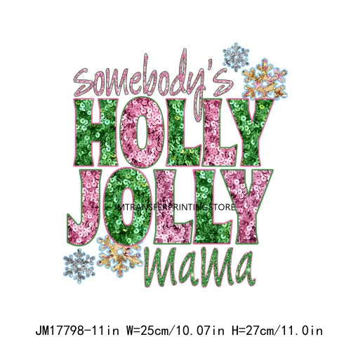 Faux Sequins Happy New Year 2024 Printing Santa Baby Reindeer Merry Christmas DTF Transfer Stickers Ready To Press For Hoodies