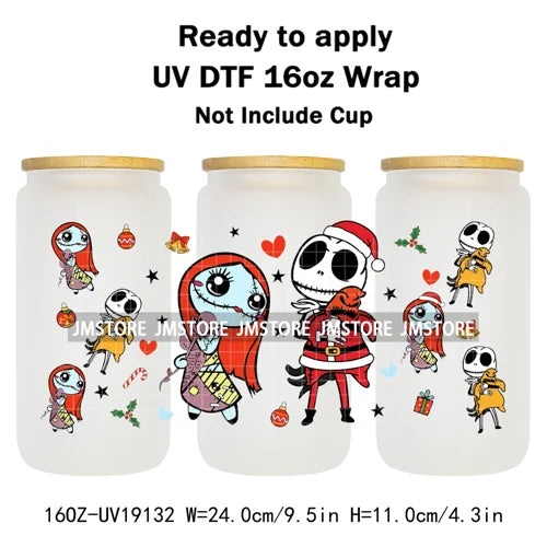 Horror Christmas Nightmare Character UV DTF Wrap Transfer Sticker Selfadhesive Waterproof High Quality For 16OZ Libbey Glass Can