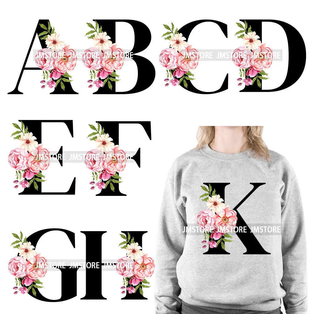 Flower Alphabet Name Monogram Floral Single Letter Illustration Sets Iron On DTF Transfers Stickers Ready To Press For Hoodies