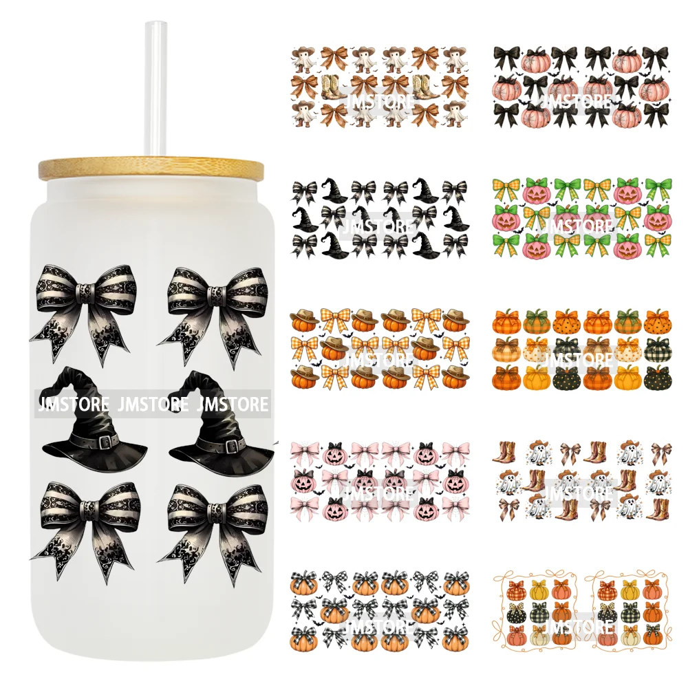 Halloween Fall Autumn Pumpkins Coquette Leopard Bow UV DTF Cup Wrap 16OZ Ready To Apply Transfer Stickers For Libbey Glass Can