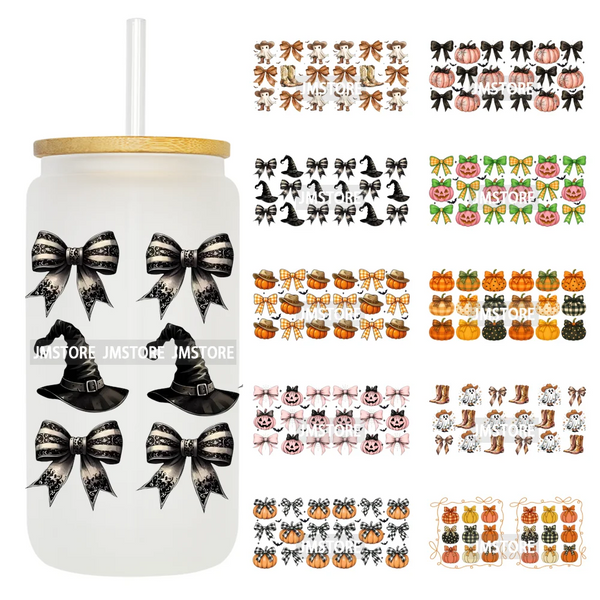 Halloween Fall Autumn Pumpkins Coquette Leopard Bow UV DTF Cup Wrap 16OZ Ready To Apply Transfer Stickers For Libbey Glass Can