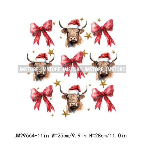 Christmas Santa Red Coquette Highland Cow Xmas Holly Jolly Vibes Iron On DTF Transfers Stickers Ready To Press For T-shirts