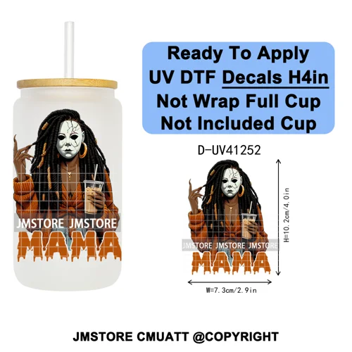 Black Girl Horror Characters Halloween Coffee UV DTF Transfer Sticker Decals Ready To Apply Waterproof For 16OZ Libbey Glass Can