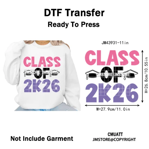 College Mega Senior 2K26 Coquette Class of 2026 Iron on Washable DTF Heat Transfers Stickers Ready to Press for Textiles Bags