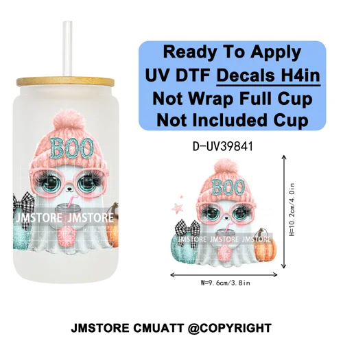Girly Halloween Ghost Pumpkin Coffee Lover UV DTF Transfer Stickers Decals Ready To Apply Waterproof For 16OZ Libbey Glass Can