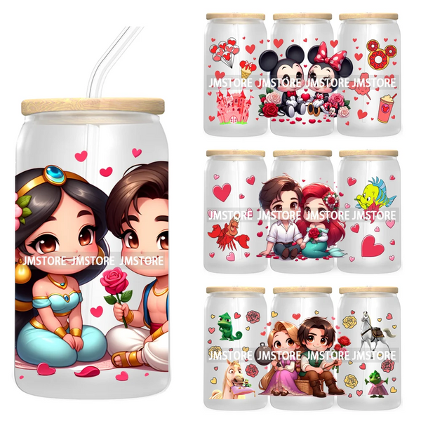 Cute Cartoon Couple XOXO Valentine's Day UV DTF Cup Wrap Transfer Stickers For 16OZ Libbey Glass Can Cupid Vibes Love Hearts