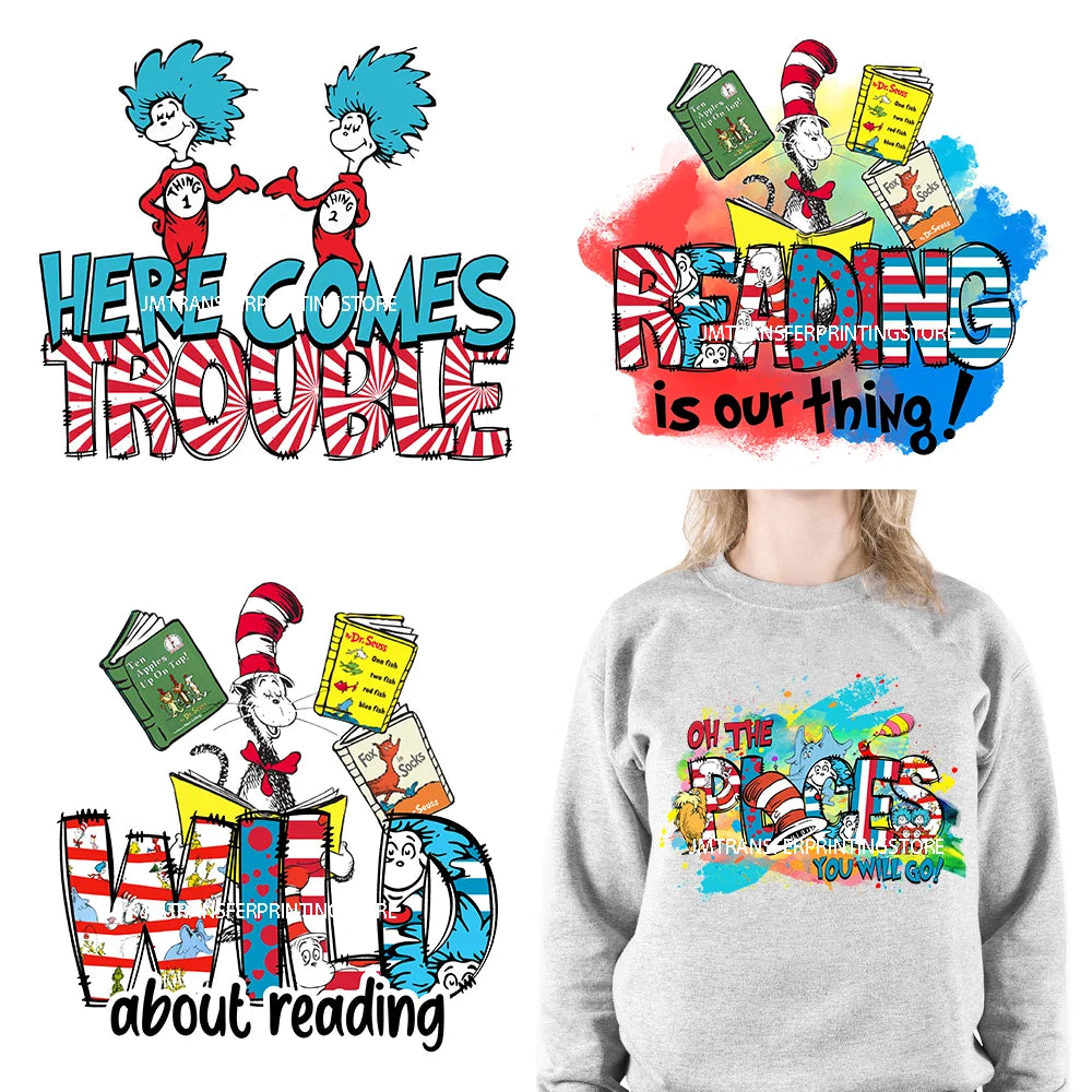 New Washable Wild About Reading Plastisol Printing Here Comes Trouble Peace Love Reading DTF Transfer Stickers For T-Shirts