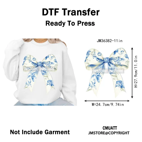 Blue And White Toile Chinoiserie Floral Coquette Bow Thermal Decals Iron on DTF Transfers Stickers Ready to Press for Clothing
