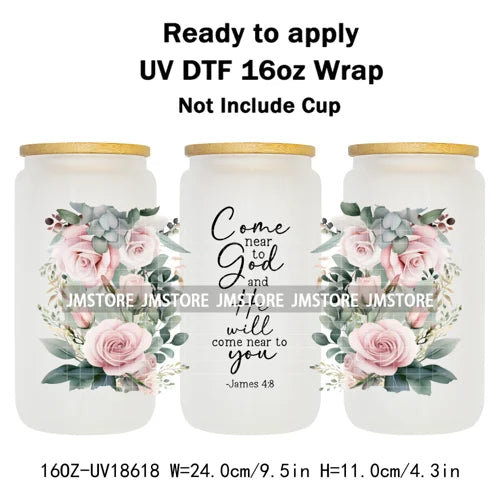 Floral Christian Jesus Bible Verse UV DTF Cup Wrap Ready To Apply Transfer Stickers Waterproof Wraps For 16OZ  Libbey Glass Can