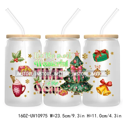 Coquette Glitter Holly Jolly Christmas Tree UV DTF Cup Wrap For Libbey Glass Can Transfer Stickers Waterproof Custom Labels Gift