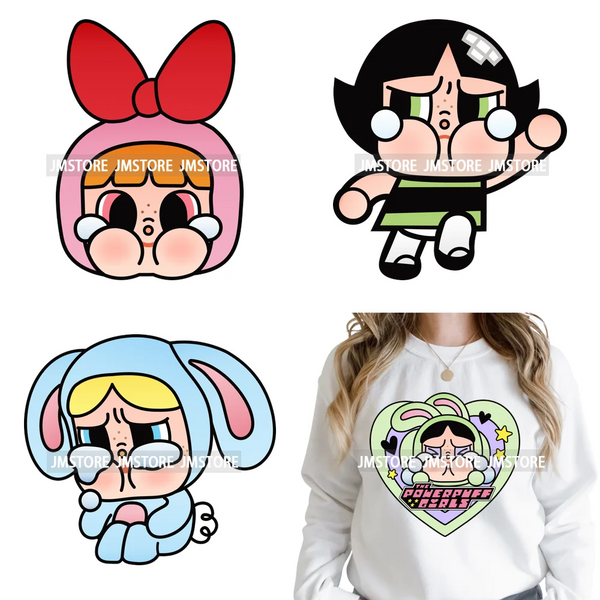 Cute Cry Tears Sad Girls Cartoon Dolls Love Designs Iron on DTF Washable Heat Transfers Stickers Ready to Press for Clothes Bags
