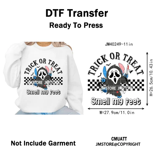 Checkered Trick Or Treat Scary Killer Character Halloween Vibes Iron on DTF Washable Transfer Sticker Ready to Press for Hoodies