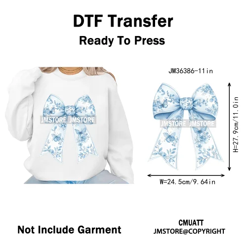 Blue And White Toile Chinoiserie Floral Coquette Bow Thermal Decals Iron on DTF Transfers Stickers Ready to Press for Clothing