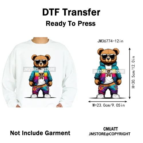 12in Cool Retro Urban Streetwear Graffiti Hip Hop Teddy Bear Iron On DTF Washable Transfers Stickers Ready to Press For Clothing
