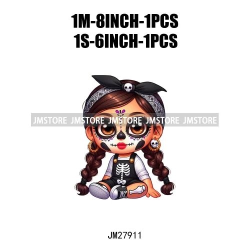 Halloween Skeleton Latina Baby Chibi Hispanic Girls Spooky Season DTF Iron On Transfers Stickers Ready To Press For Clothing