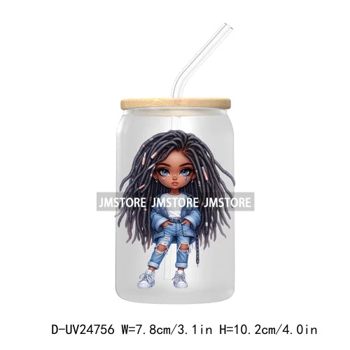 Black Chibi Girl UV DTF Transfers Stickers Decals For Libbey Cold Cups Mugs Tumbler Waterproof DIY Craft Beautiful Afro Woman