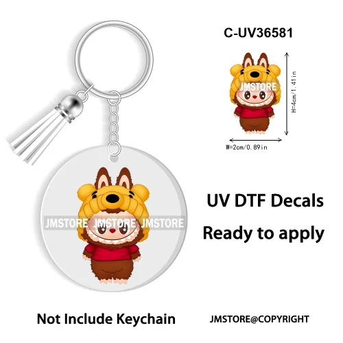 Coquette Bow Cartoon Monsters Doll In Costume Decal Round Keychain Ready To Apply UV DTF Transfer Stickers For Circle Keychain