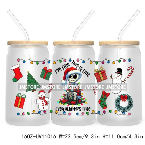 Skeleton Christmas 16OZ UV DTF Cup Wrap Transfer Stickers Durable Waterproof For Libbey Glass Can Coquette Bow Christmas Santa