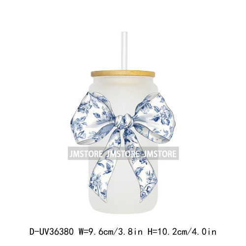 Blue Chinoiserie Coquette Bow UV Sticker Decals For Libbey Cold Cups Mug Tumbler Transfer Stickers Waterproof Top Quality Prints