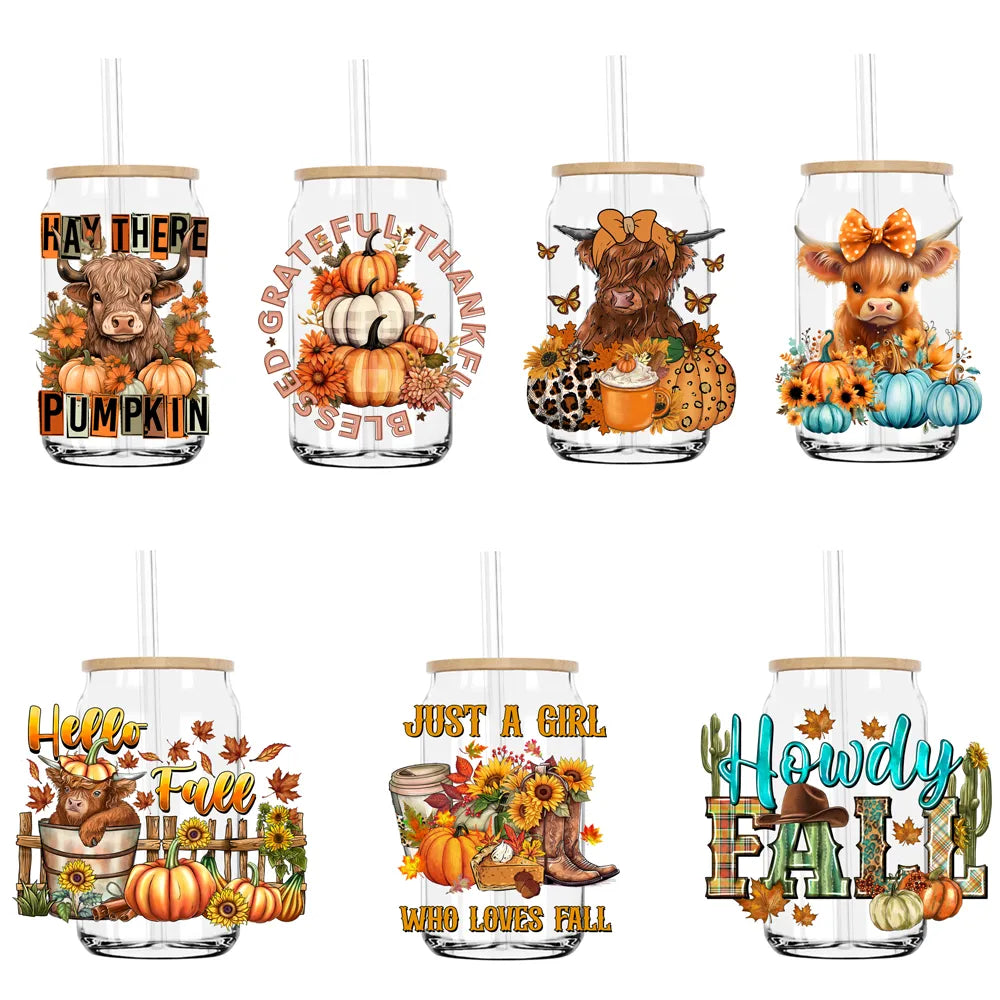 Howdy Fall Highland Cow Pumpkin UV DTF Transfers Stickers Decals For Libbey Cold Cups Mugs Tumbler Waterproof DIY Craft