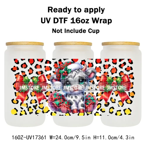 Watercolor Christmas Highland Cows Gift Leopard Print 16OZ UV DTF Cup Wraps Ready To Apply Transfer Sticker For Libbey Glass Can
